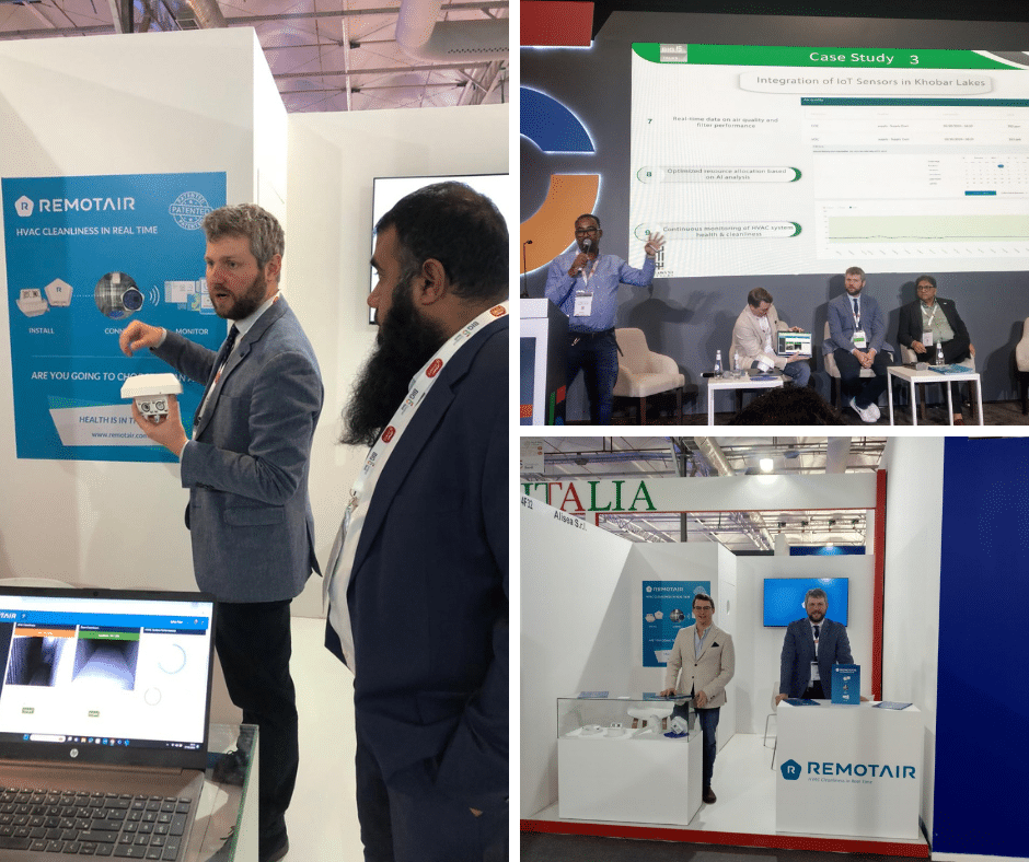 Pictures of the Remotair Team at the HVAC R EXPO Saudi trade show to spread the culture of clean air.